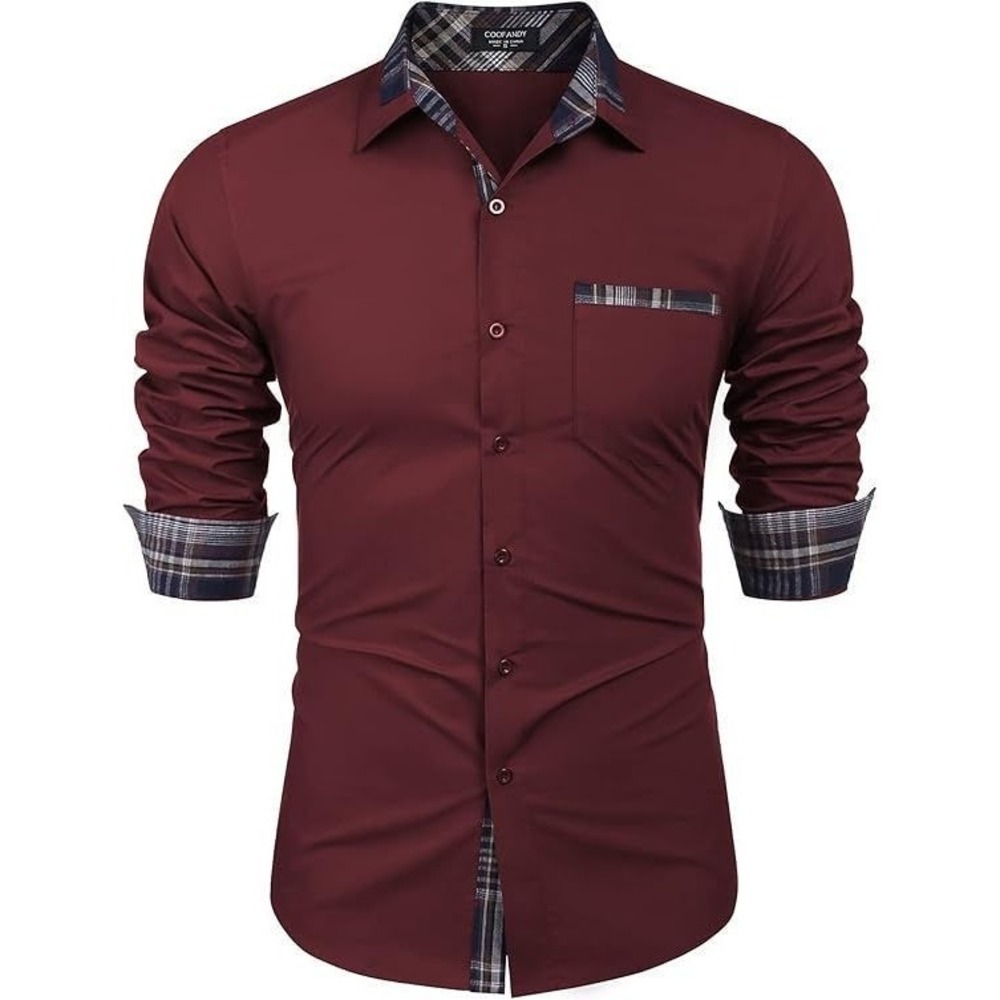 Coofandy Men's Long Sleeve Plaid Collar Button Down Dress Shirt - Wine Red - L